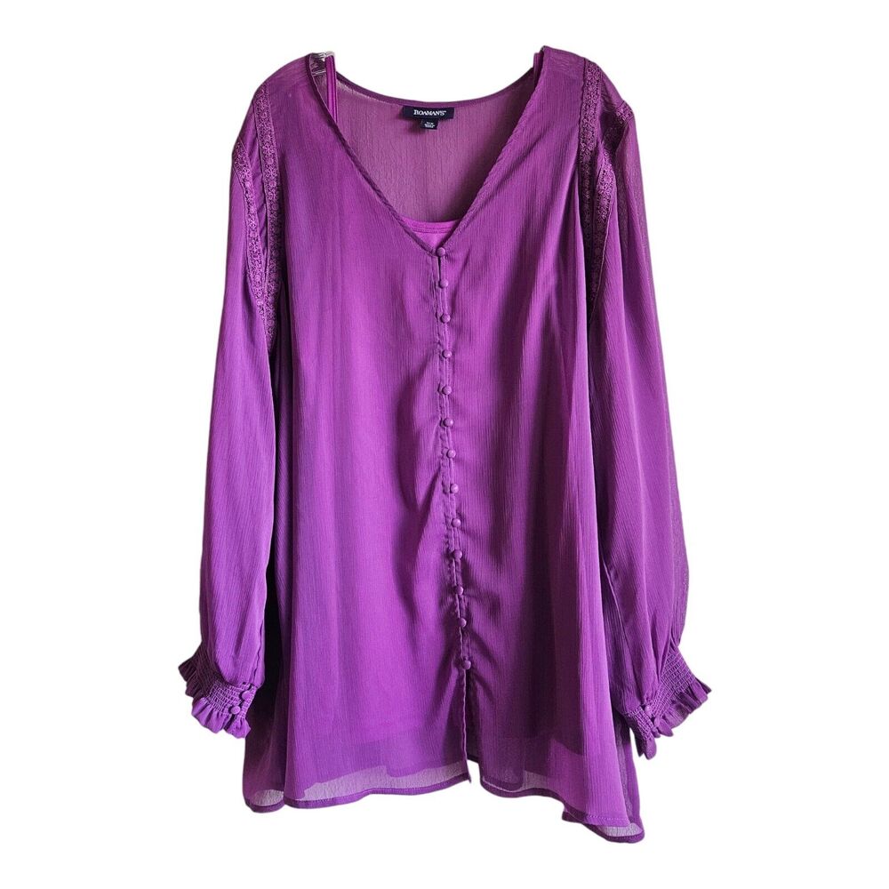 ROAMAN'S Women Plus 24 W Tunic Blouse with Camisole Button Up Lace Trim Magenta